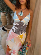Vacation Dresses Maxi Backless Sleeveless Floral Print V-Neck Chic Yellow Dress