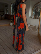 Vacation Dresses Maxi Backless Sleeveless Floral Print Cowl Neck Chic Brown Dress
