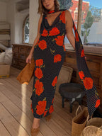 Vacation Dresses Maxi Backless Sleeveless Floral Print Cowl Neck Chic Brown Dress