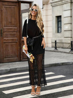 Daily Dresses Maxi For Women Short Sleeves Jewel Neck No Waistline Chic Lace Black Dress