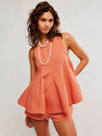 Two Piece Sets Mini Dresses Orange Daily Casual Denim Jewel Neck Sleeveless Casual Pant Set