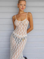 Two Piece Sets White Chic Lace Street Wear Jewel Neck Sheer Sleeveless Skirt Set