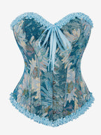 Corsets Blue Tops Lace-up Ruffles Floral Print Street Wear Elegant Lingerie