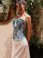 Corsets Blue Tops Lace-up Ruffles Floral Print Street Wear Elegant Lingerie