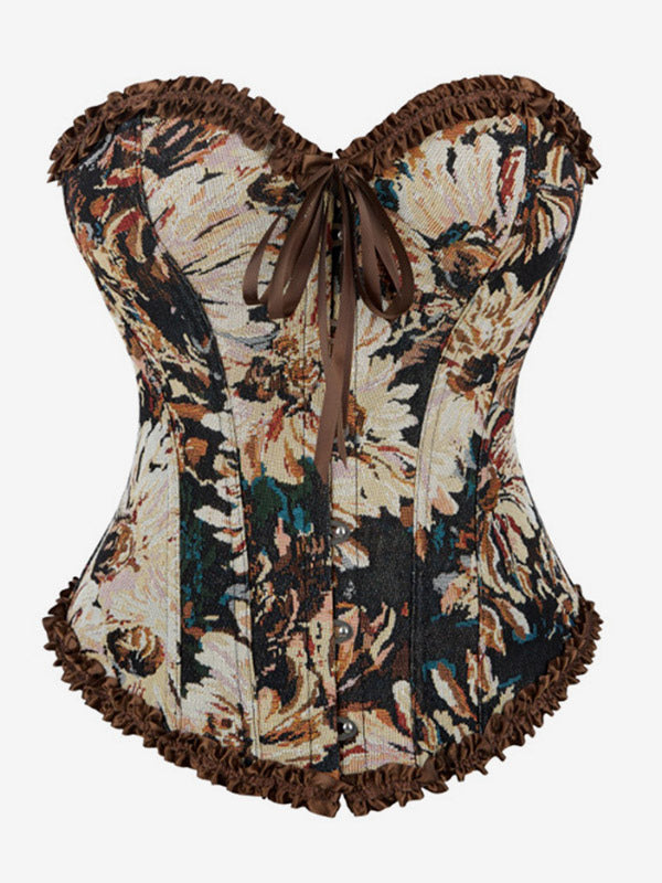 Corsets Blue Tops Lace-up Ruffles Floral Print Street Wear Elegant Lingerie