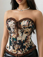 Corsets Blue Tops Lace-up Ruffles Floral Print Street Wear Elegant Lingerie