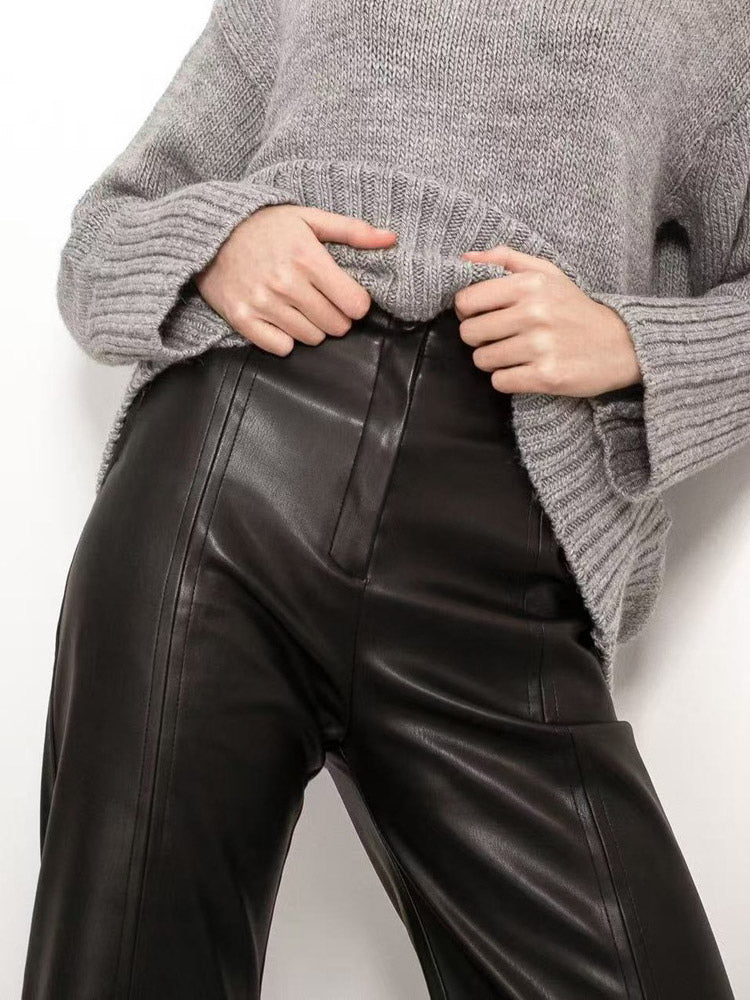 Pants Red PU Leather Natural Waist Chic Straight Trousers