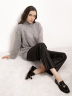 Pants Red PU Leather Natural Waist Chic Straight Trousers