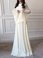 Party Dress Maxi Burgundy Jewel Neck Lace Up Long Sleeves Flared Sleeves Sexy Dress