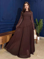 Party Dress Maxi Burgundy Jewel Neck Lace Up Long Sleeves Flared Sleeves Sexy Dress