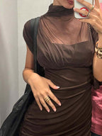 Night Out Dresses Black Short Sleeves High Collar Summer Dress