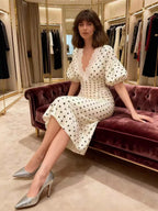 Date Night Dresses Midi Lace Half Sleeves Polka Dot V-Neck Elegant White Dress