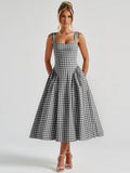 Date Night Dresses Midi Sleeveless Plaid Square Neck Elegant Black Dress