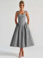 Date Night Dresses Midi Sleeveless Plaid Square Neck Elegant Black Dress