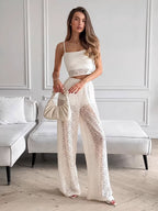 Two Piece Sets White Street Wear Lace Sheer Straps Neck Sleeveless Chic Pant Set