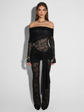 Jumpsuits Black Off-The-Shoulder Long Sleeves Lace Sheer Flared Summer Playsuit