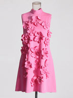 Party Dress Dresses Mini Pink Stand Collar Flowers Sleeveless Casual Semi Formal Dress