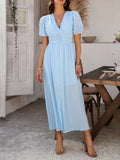 Daily Dresses Woman's Maxi Black Backless Buttons Short Sleeves V-Neck Raised Waist Dress