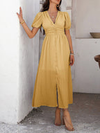 Daily Dresses Woman's Maxi Black Backless Buttons Short Sleeves V-Neck Raised Waist Dress