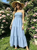 Vacation Dresses Maxi Backless Pleated Sleeveless Straps Neck Chic Light Sky Blue Dress