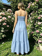 Vacation Dresses Maxi Backless Pleated Sleeveless Straps Neck Chic Light Sky Blue Dress