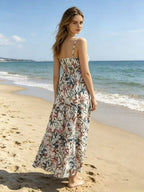 Vacation Dresses Maxi Backless Pleated Sleeveless Straps Neck Chic Light Sky Blue Dress
