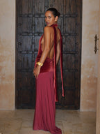 Party Dress Maxi Burgundy V-Neck Sleeveless Sexy Semi Formal Dress
