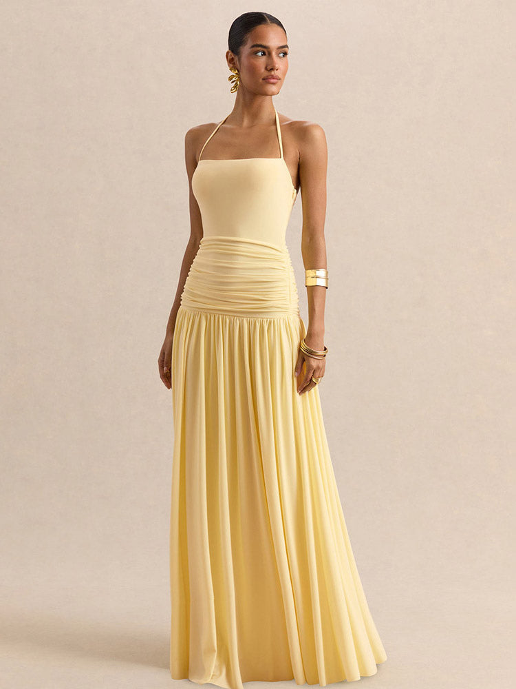 Party Dresses Yellow Straps Neck Short Sleeves Sexy Semi Formal Dress