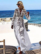 Cover Ups Ruffled Lace Cut Out Long Sleeves Athletic White Summer Beach Swimwear