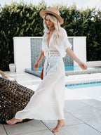 Cover Ups Ruffled Shaping Cut Out Lace Half Sleeves Sexy Black Summer Beach Swimwear