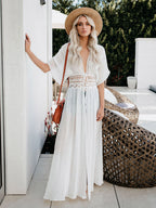 Cover Ups Ruffled Shaping Cut Out Lace Half Sleeves Sexy Black Summer Beach Swimwear