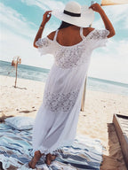 Vacation Dresses Lace Short Sleeves Straps Neck Sexy White Dress