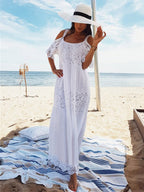 Vacation Dresses Lace Short Sleeves Straps Neck Sexy White Dress