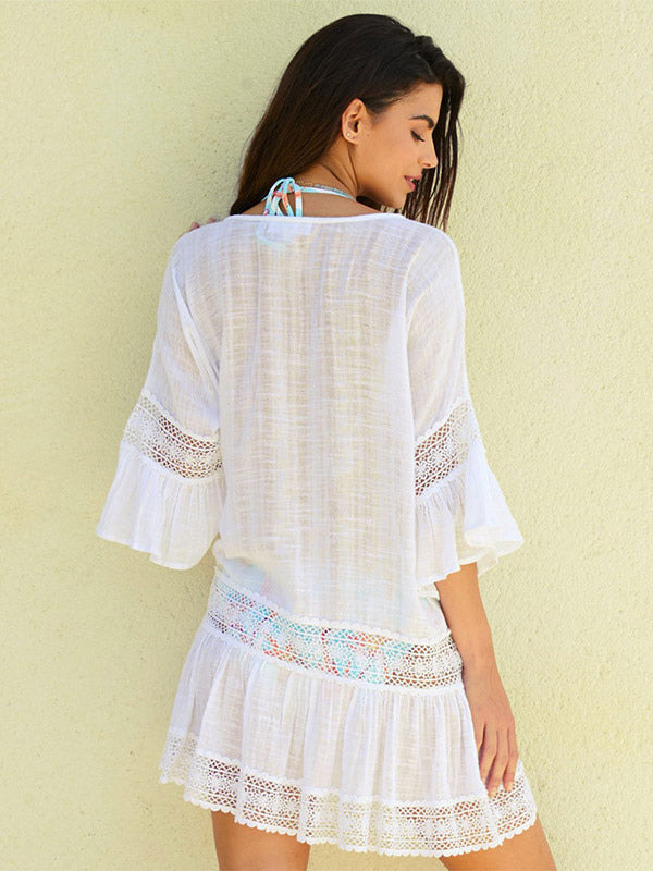 Cover Ups White Half Sleeves Lace Short Dress Summer Beach Swimwear