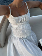 Date Night Dresses Shaping Pleated Sleeveless Straps Neck Casual White Dress