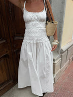 Date Night Dresses Shaping Pleated Sleeveless Straps Neck Casual White Dress