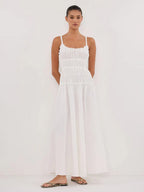Date Night Dresses Shaping Pleated Sleeveless Straps Neck Casual White Dress
