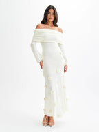 Party Dresses Shaping Flower Flowers Long Sleeves Off-The-Shoulder Casual White Dress