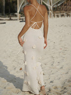 Vacation Dresses Flower Shaping Flowers Sleeveless Straps Neck Chic Coffee Brown Dress