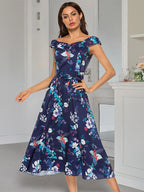 Floral Dress Floral Print Off-The-Shoulder Sleeveless Zipper Elegant Summer Long Dress