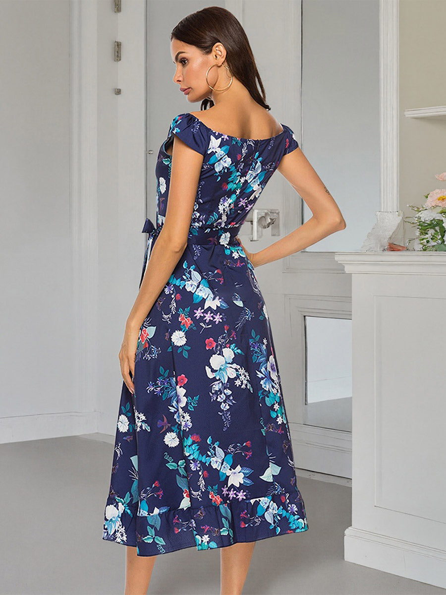 Floral Dress Floral Print Off-The-Shoulder Sleeveless Zipper Elegant Summer Long Dress