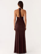 Party Dress Maxi Coffee Brown V-Neck Sleeveless Sexy Semi Formal Dress