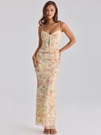 Party Dress Maxi Pink Straps Neck Sleeveless Printed Sexy Semi Formal Dress