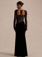 Party Dress Maxi Black Square Neck Long Sleeves Two-Tone Sexy Semi Formal Dress