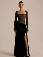 Party Dress Maxi Black Square Neck Long Sleeves Two-Tone Sexy Semi Formal Dress