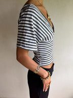 Tops Short Sleeves Tees Gray Stripes V-Neck Women T-Shirt