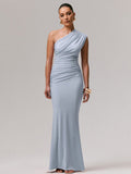 Party Dress Maxi Blue One-Shoulder Sleeveless Sexy Semi Formal Dress
