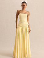 Party Dresses Yellow Straps Neck Short Sleeves Sexy Semi Formal Dress