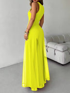 Party Dress Maxi Orange Jewel Neck Pleated Sleeveless Elegant Semi Formal Dress