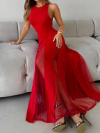 Party Dress Maxi Orange Jewel Neck Pleated Sleeveless Elegant Semi Formal Dress